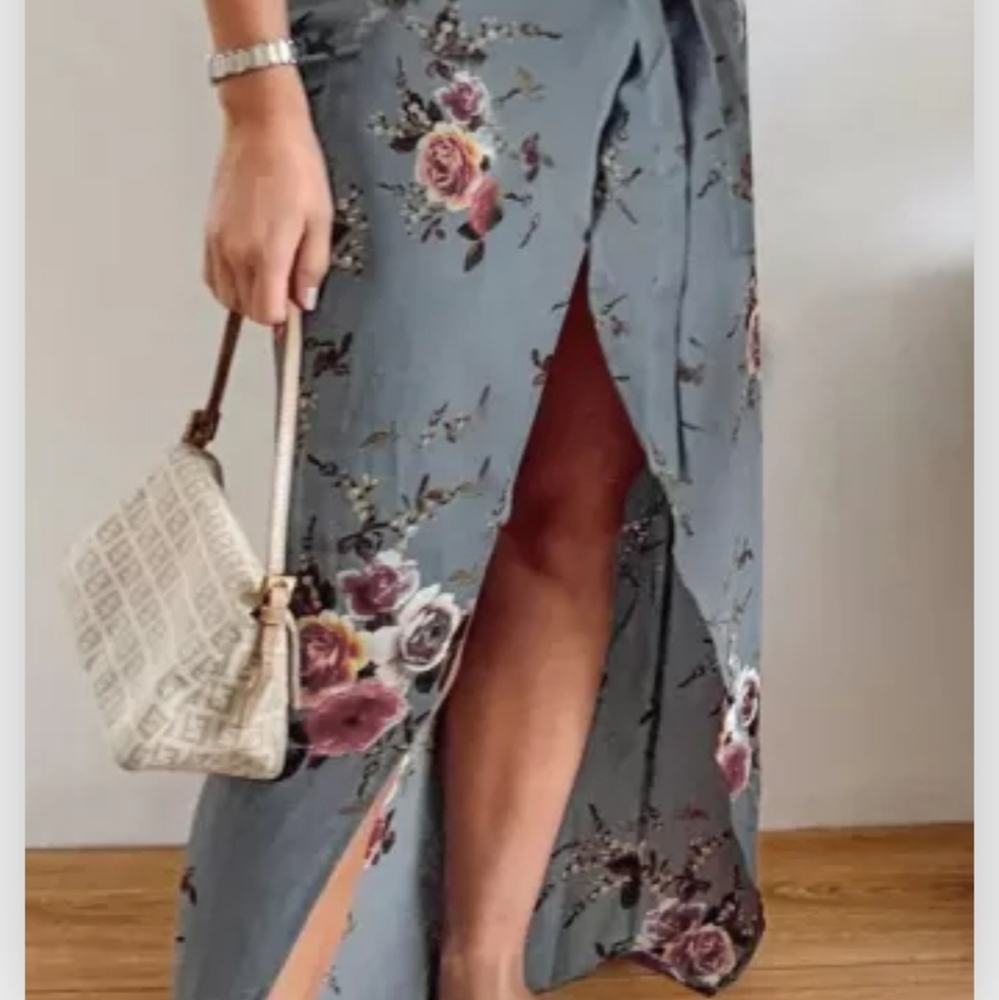 Brand New Gray Floral Wrap Maxi Dress With Slit - Picture 3 of 7